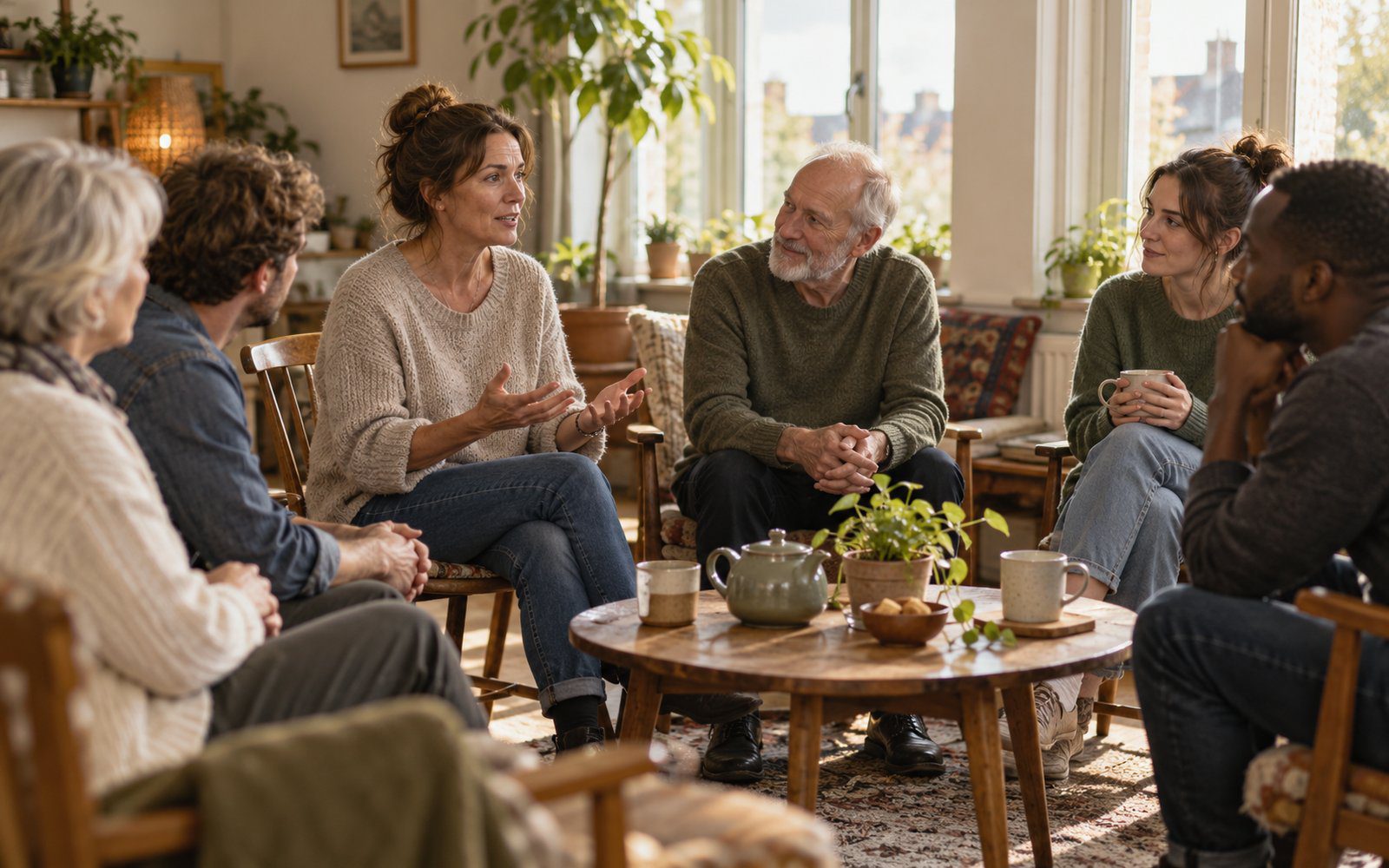 Small group of adults sitting in a circle, listening as one woman speaks during a community support session