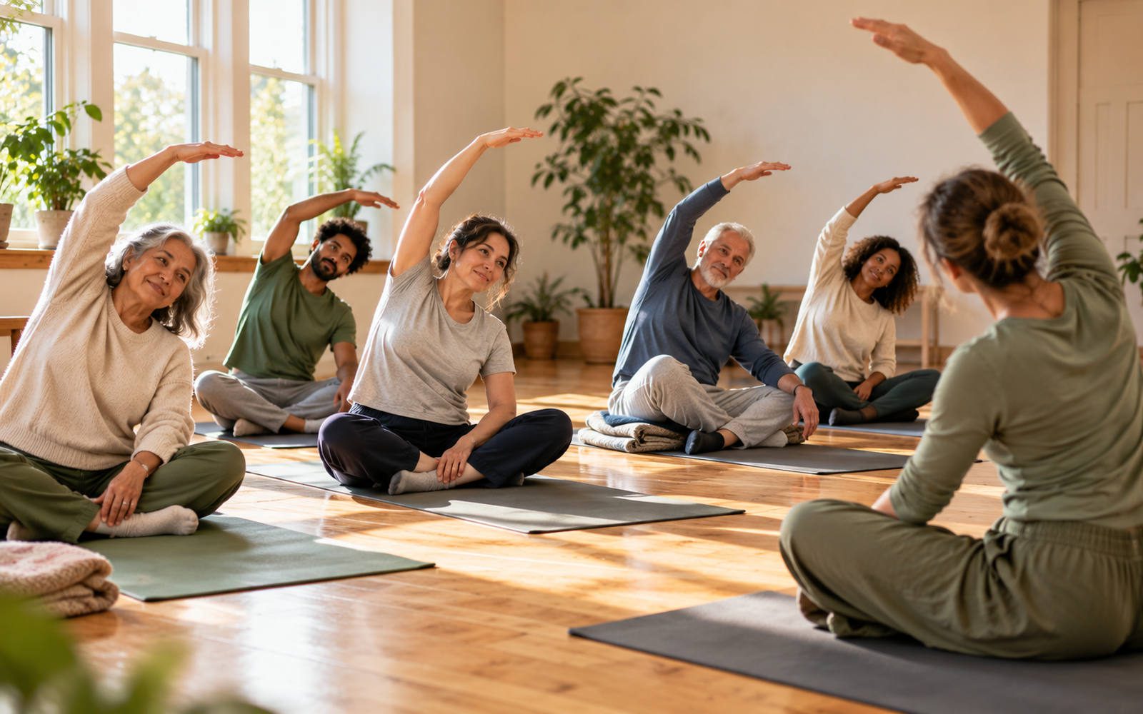 Small mixed-age group doing a gentle seated stretch on mats, guided by a teacher in a bright hall