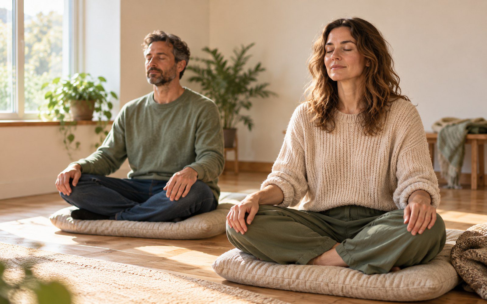 Two adults sitting on cushions with eyes closed during a calm meditation session in a bright room