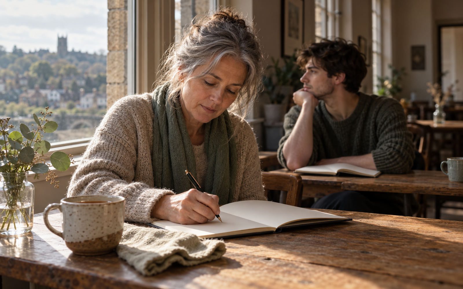 Woman writing in a notebook at a sunlit table while a young man pauses with his own journal