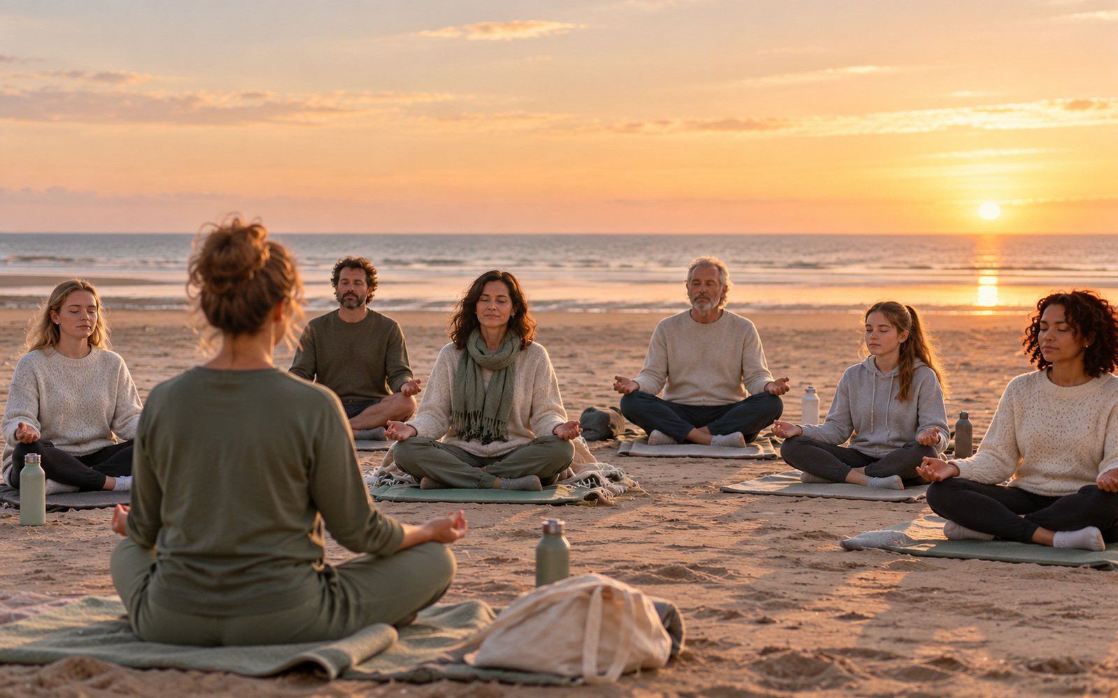 Small group sitting on mats on Crosby beach at sunset, eyes closed during a calm breathing practice