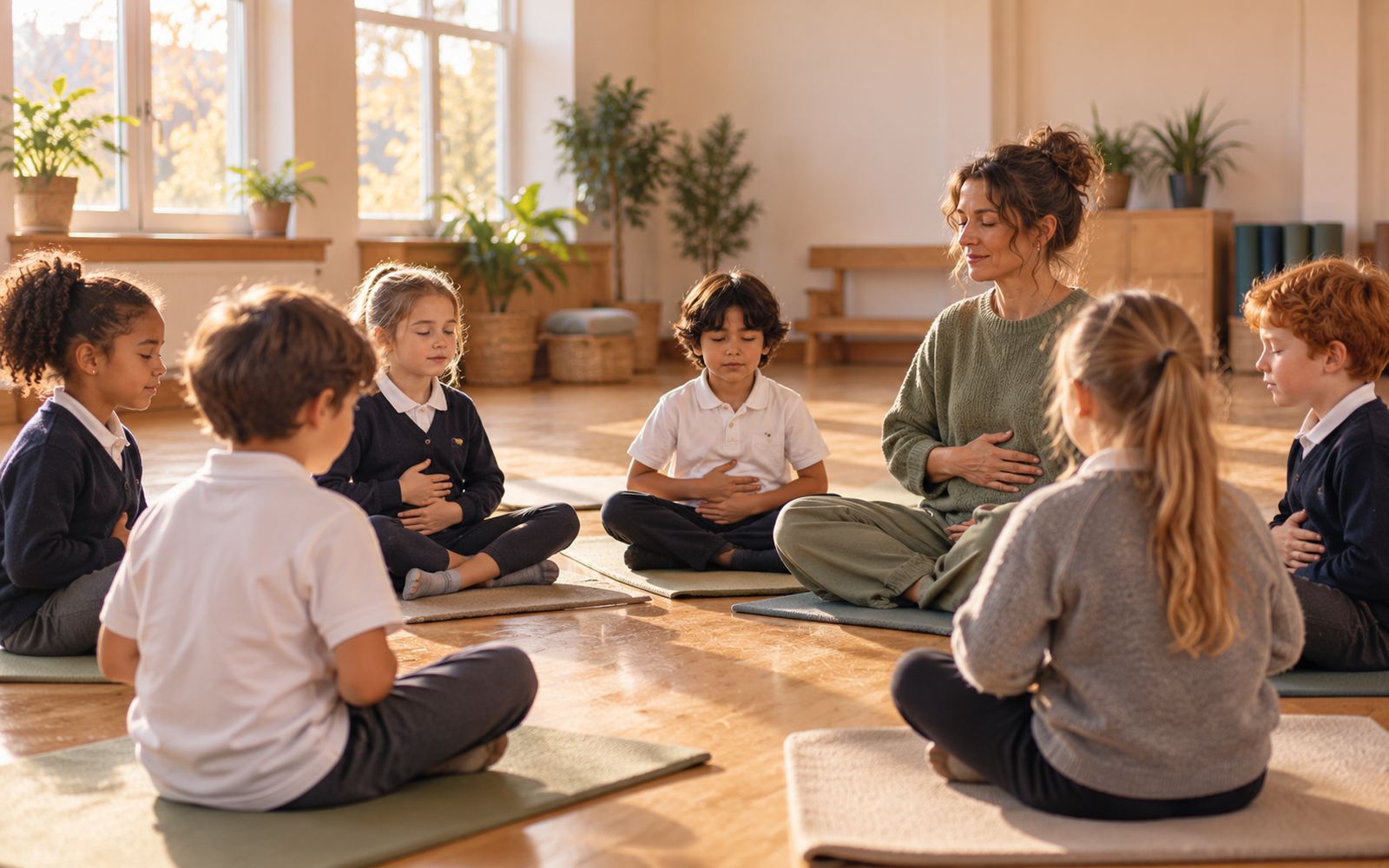 Small group of children sitting on mats with eyes closed, guided through a calm breathing exercise