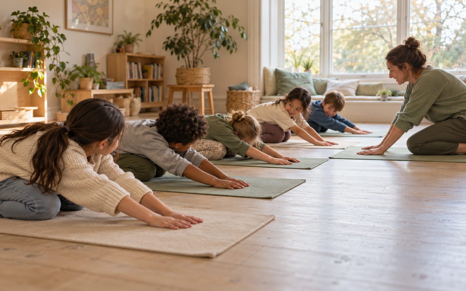 Children stretching forward on mats in a bright room, guided by a teacher during a playful yoga session
