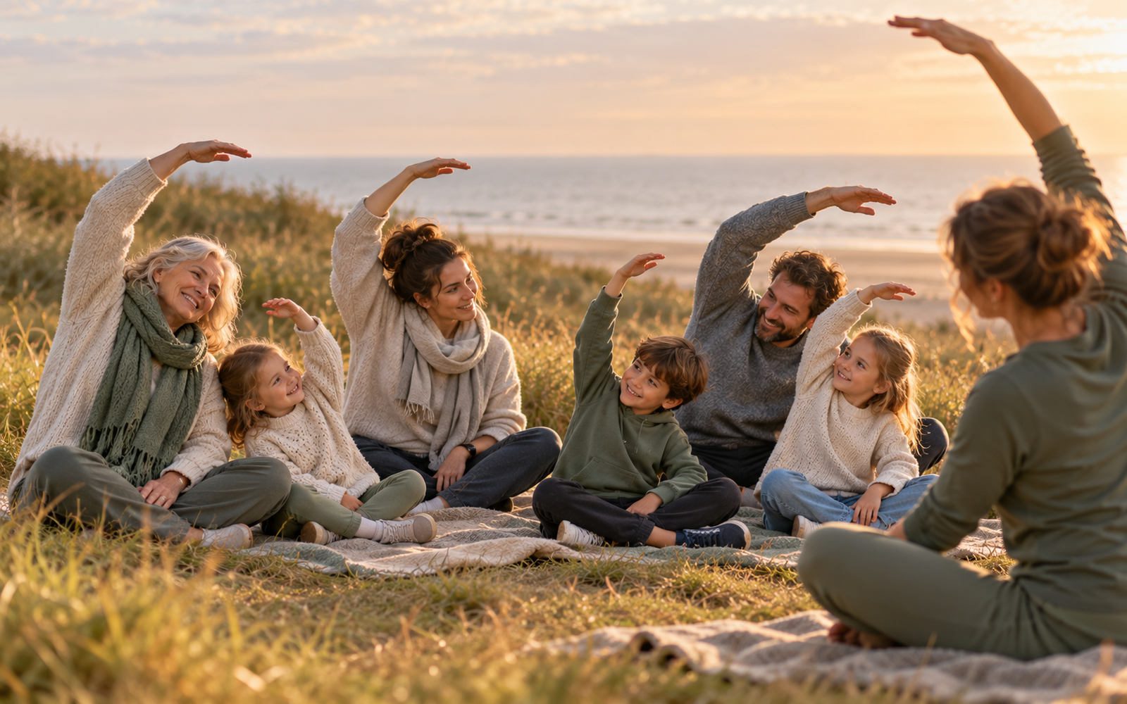 Family of three generations doing a gentle seated stretch together on blankets in the Waterloo sand dunes