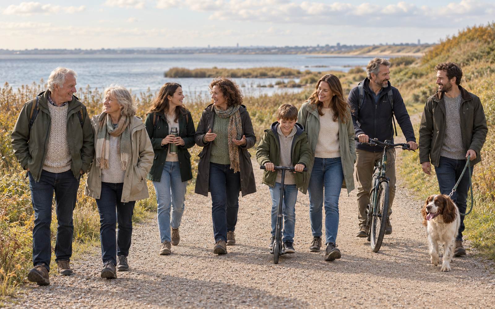 Mixed group of all ages walking and chatting along a lakeside path, with a child on a scooter and a dog