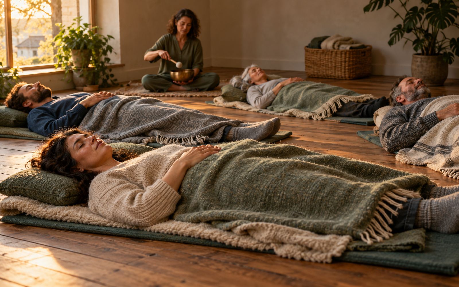 Adults resting under blankets with eyes closed while a facilitator gently plays a singing bowl