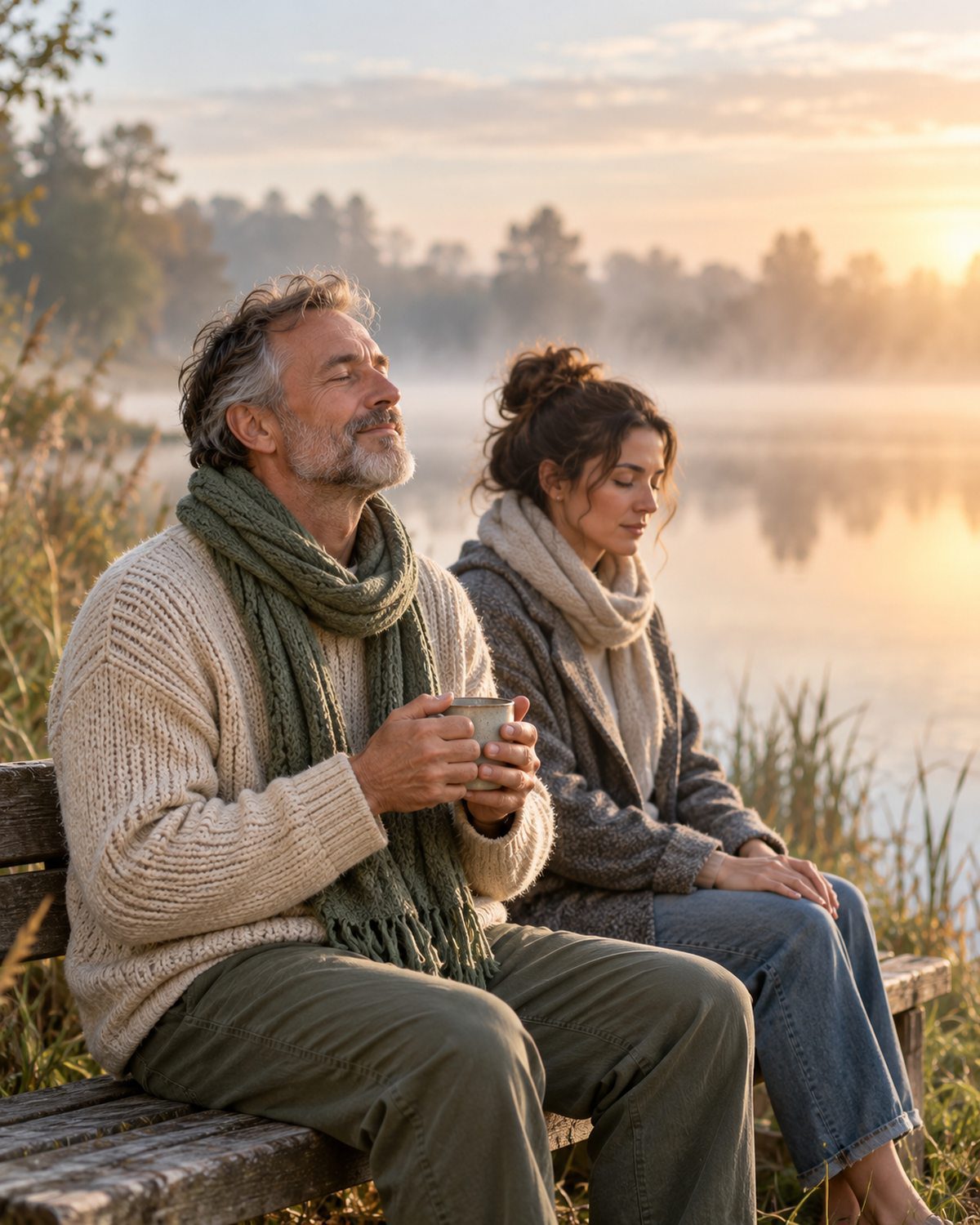 Man with eyes closed holding a warm mug on a bench by misty water, practising mindful awareness