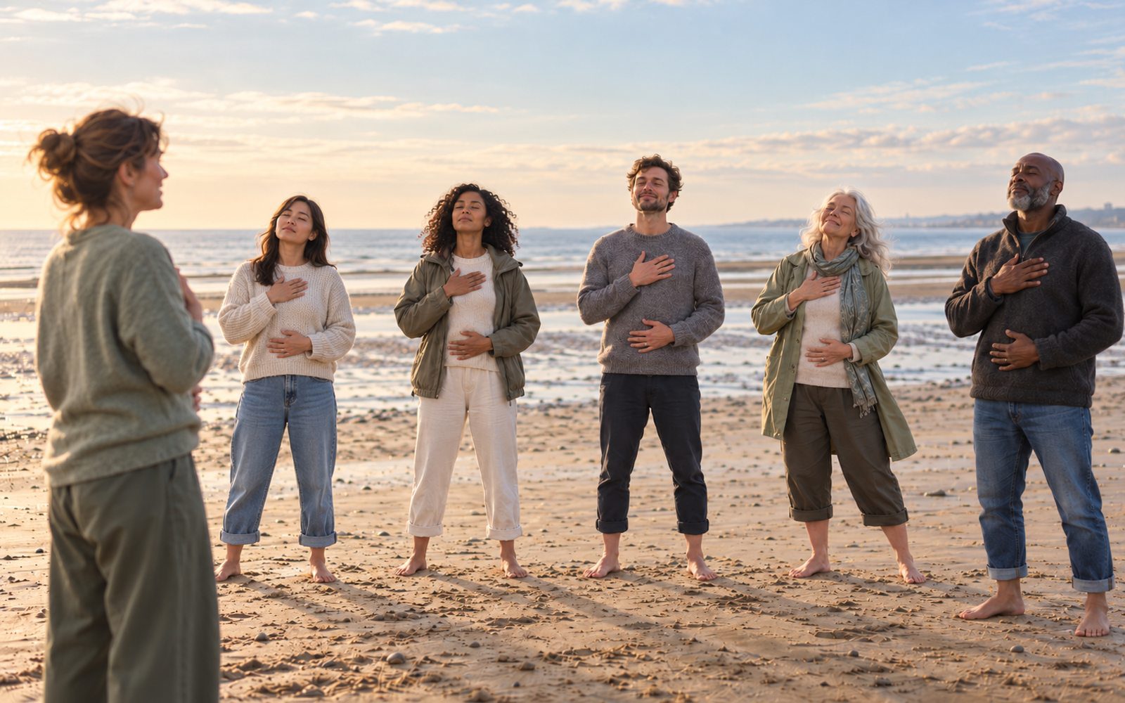 Small group standing on the beach at sunrise, hands on chest and belly during a breathing practice
