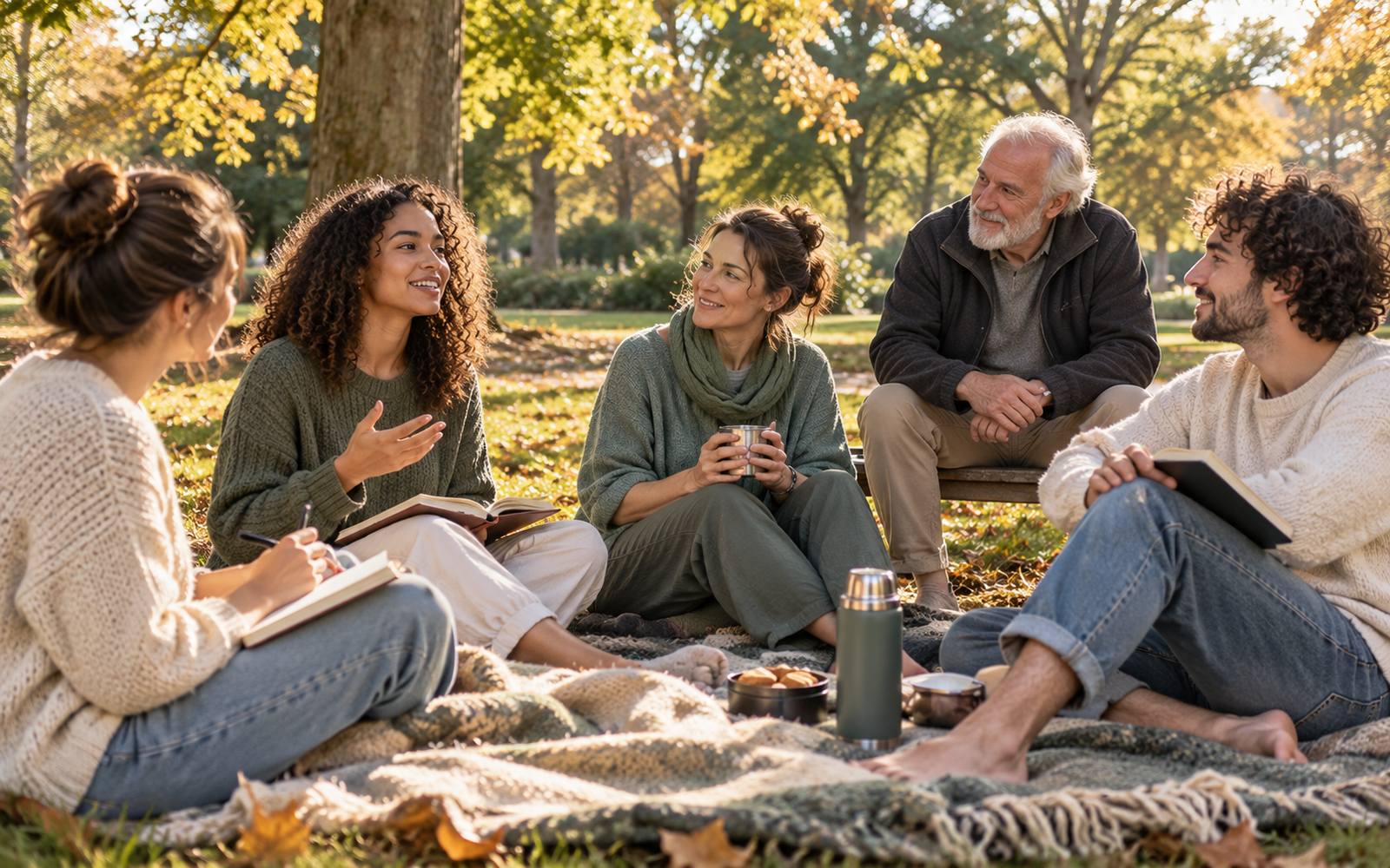 Small group sitting on blankets in a park with notebooks, listening as a young woman shares